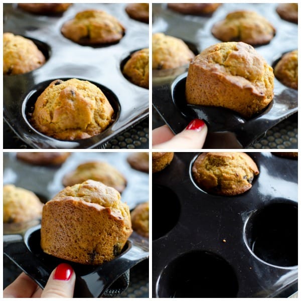 4 image collage showing how easily muffins are removed from a silicone muffin pan. 
