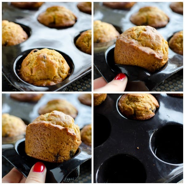 4 image collage showing how easily muffins are removed from a silicone muffin pan.