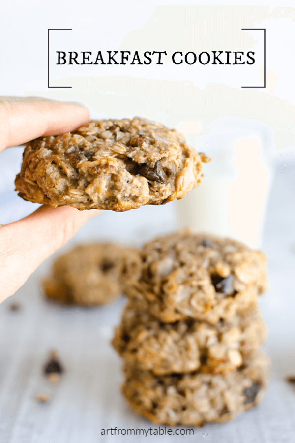 Guilt free cookies for breakfast!  These breakfast cookies are made with whole grains, bananas, nuts, coconut and a tiny bit of dark chocolate.  Gluten free, sugar free and egg free!  A cookie you can feel good about eating. Go ahead and have two! #artfrommytable #breakfastcookies #healthycookies #healthysnacks via @artfrommytable