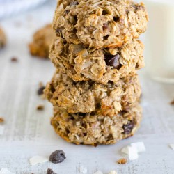 stack of breakfast cookies made with oatmeal, bananas, almond flour, coconut and chocolate chips