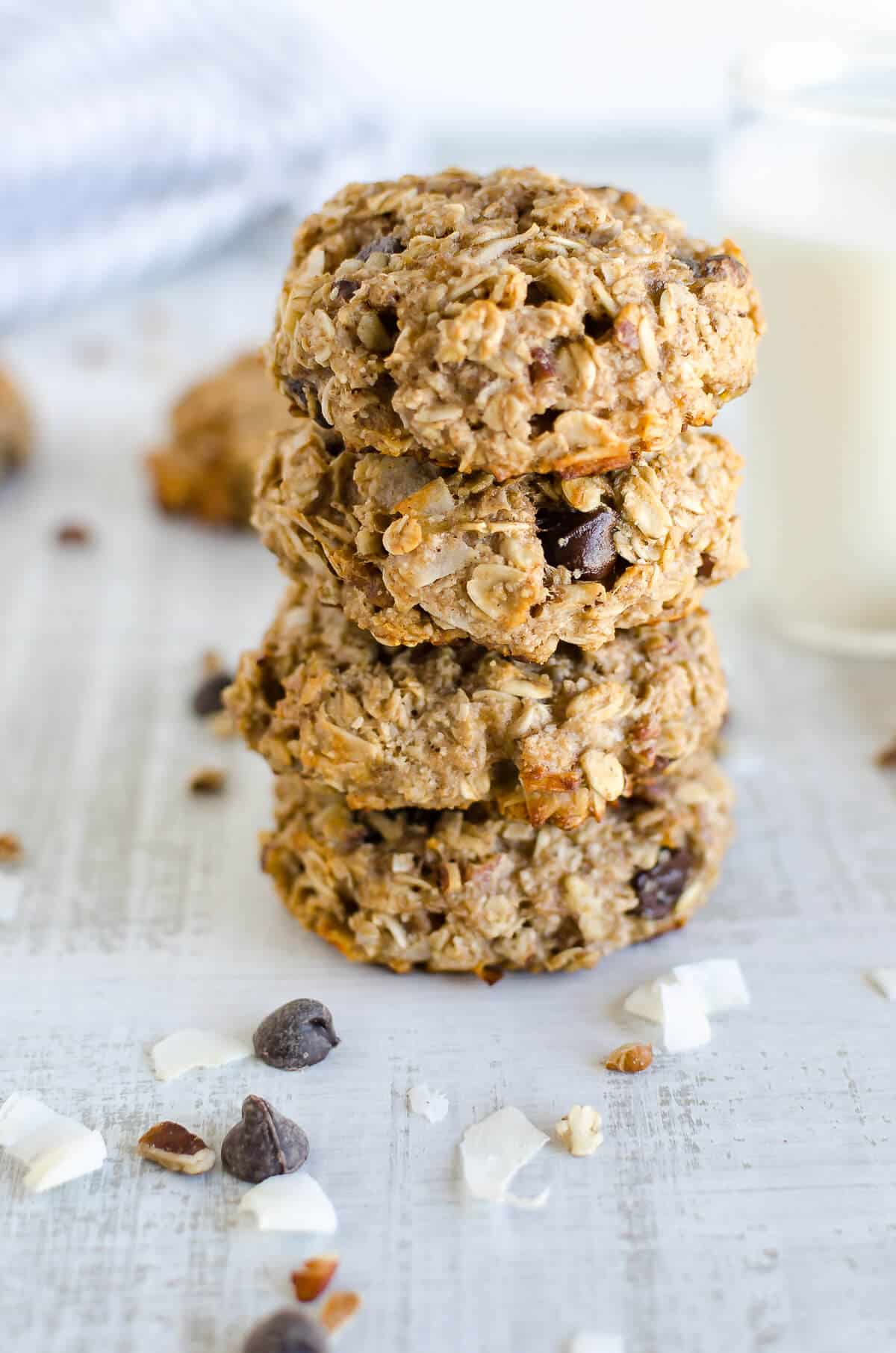 stack of breakfast cookies made with oatmeal, bananas, almond flour, coconut and chocolate chips