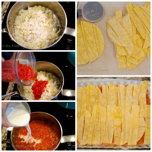 5 picture collage showing steps to making tomato cream sauce and tortilla strips.
