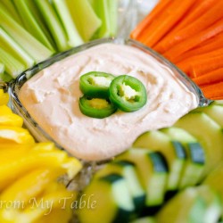 veggie plate with bell peppers, cucumbers, celery and carrots and jalapeno yogurt dip