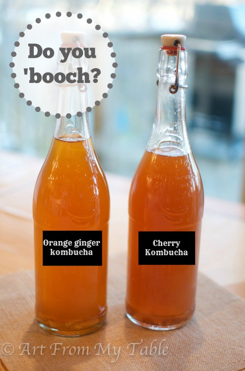 Two bottles of homemade kombucha.