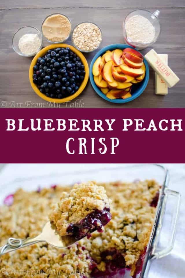 A delicious fruit crisp bursting with fresh blueberries and peaches, a perfect combination. via @artfrommytable