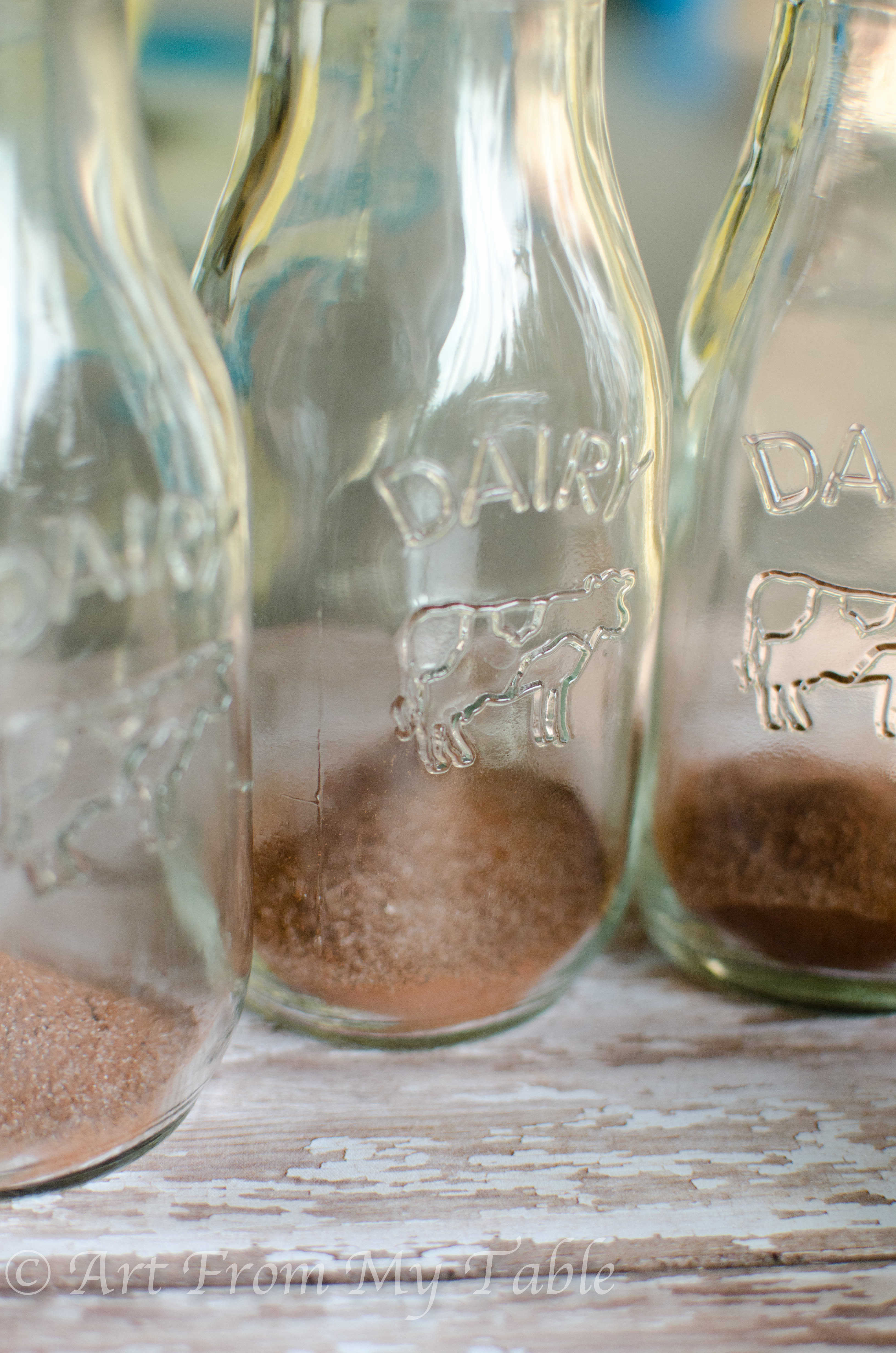 Showing step one of making chocolate milk, put the mix in the glass.