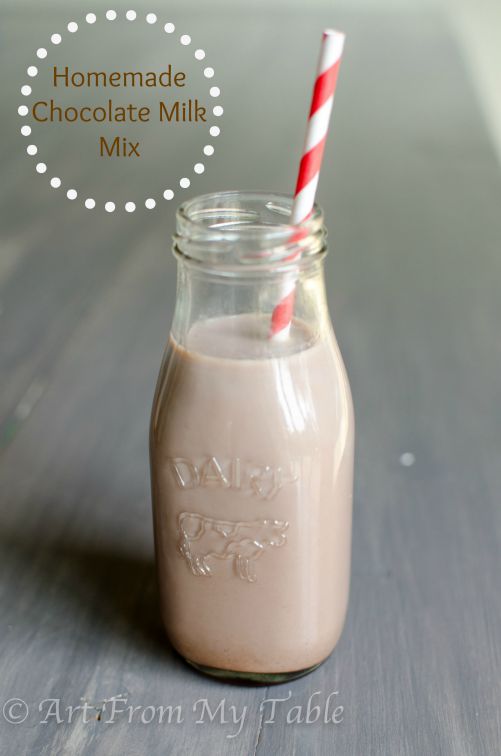 Homemade chocolate milk in a glass milk bottle. 