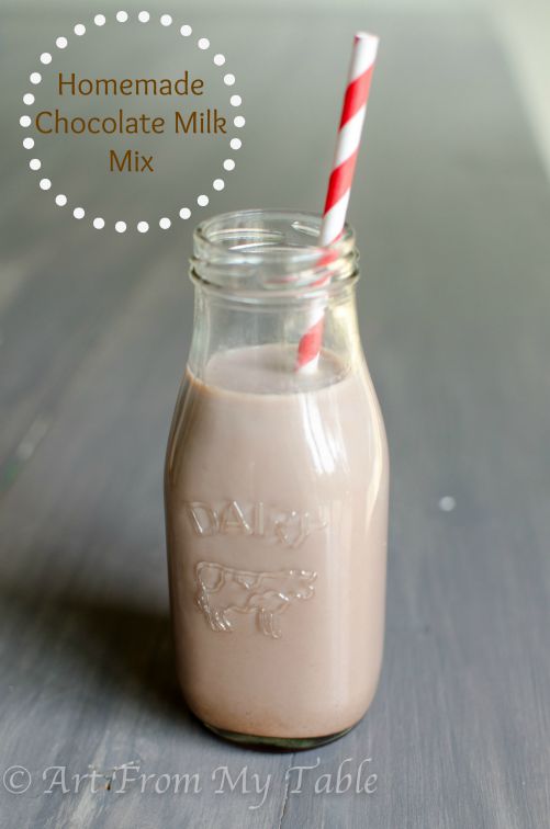Homemade chocolate milk in a glass milk bottle.