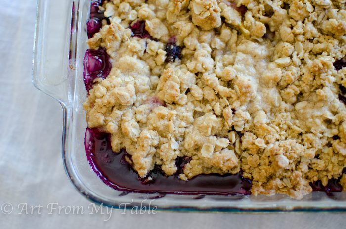 Blueberry peach crisp in a dish after baking.