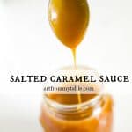 spoon dripping with homemade salted caramel sauce