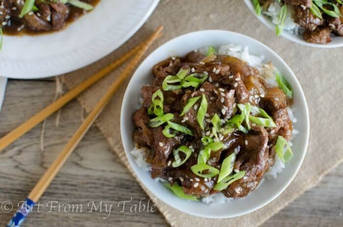 Top view of Mongolian beef with rice, made in the slow cooker. 