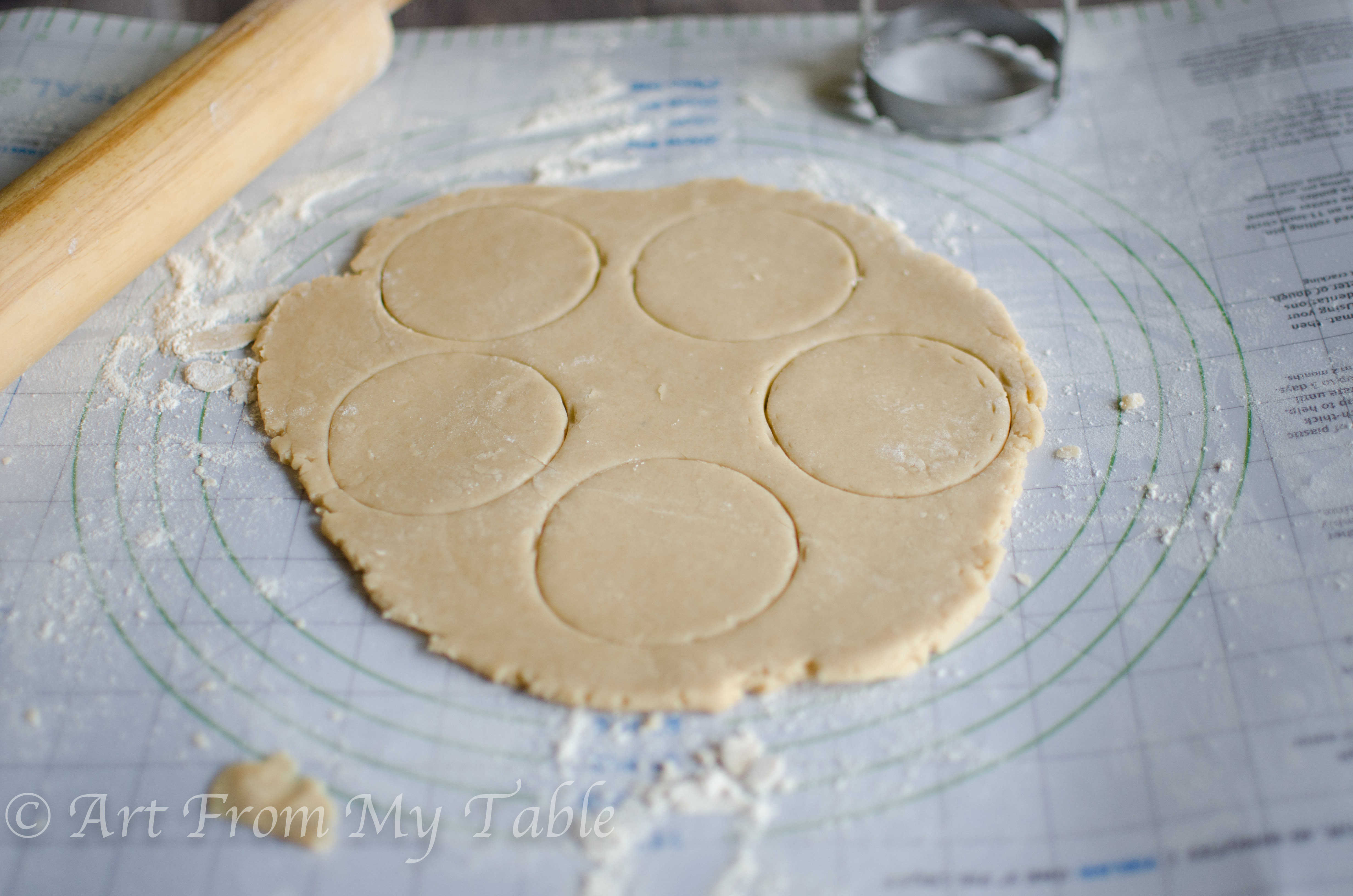 Sugar cookie dough rolled out with 5 round circles cut. 