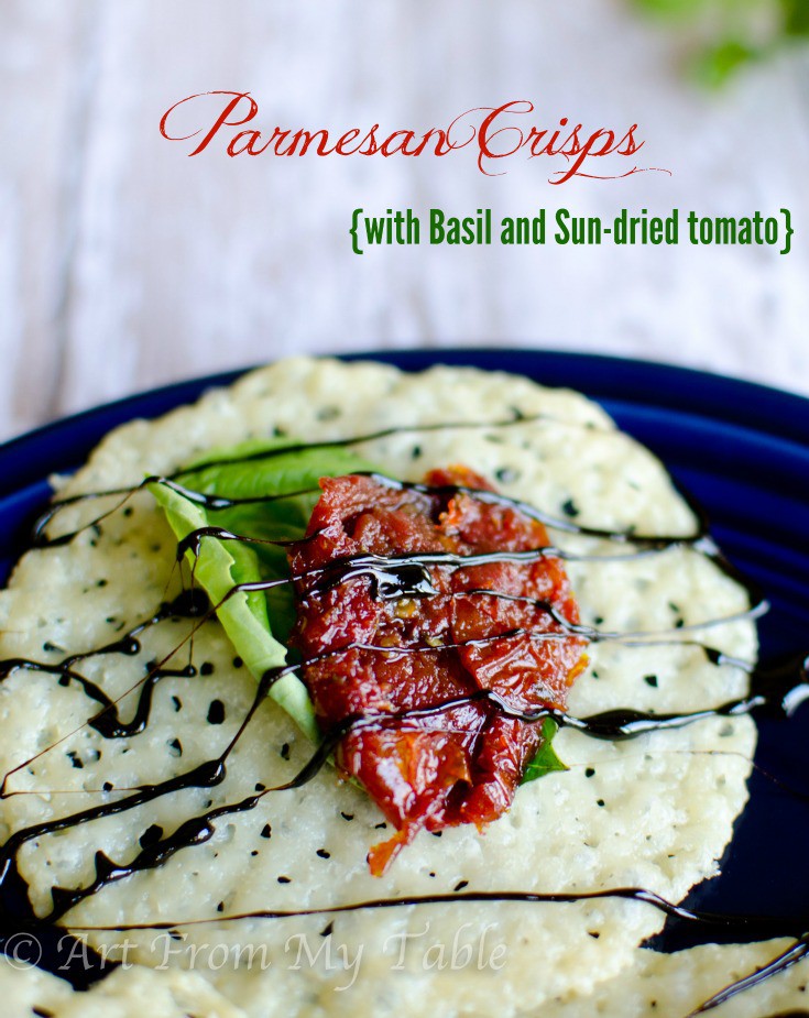 Parmesan cheese crisp topped with fresh basil, sun-dried tomato, and balsamic reduction.