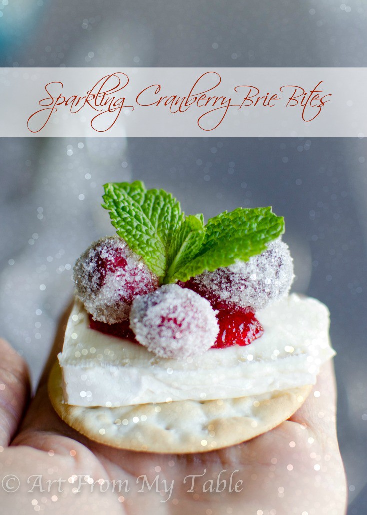 hand holding cracker topped with a slice of brie with cranberry sauce and sugared cranberries. Garnished with fresh mint.