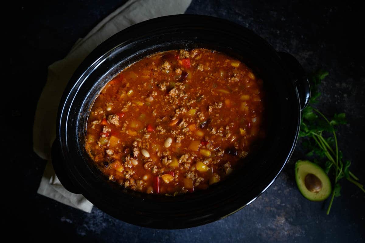 turkey chili in a crockpot after cooking.