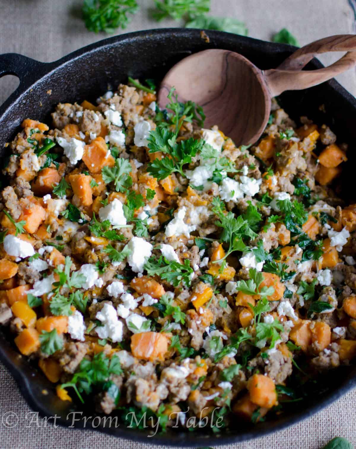 Turkey Skillet Dinner with Sweet potatoes and Kale