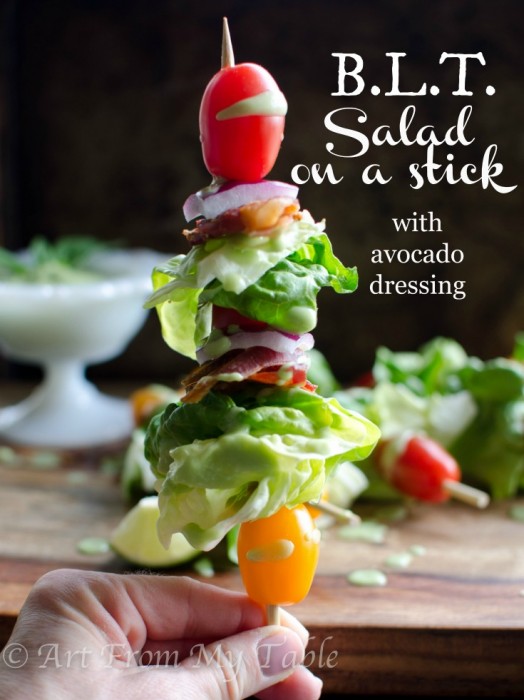 Do you want to bring a healthy salad to your BBQ? This is it! And the best part? No forks required! Make up some of these- BLT Salad on a Stick. The Avocado dressing is addicting! You'll want it on everything. This is perfect for parties or just a fun way to get your kids to eat salad. #blt #salad #summer #easyrecipe #backyardbbqrecipe #fromscratch #homemade #saladdressing via @artfrommytable