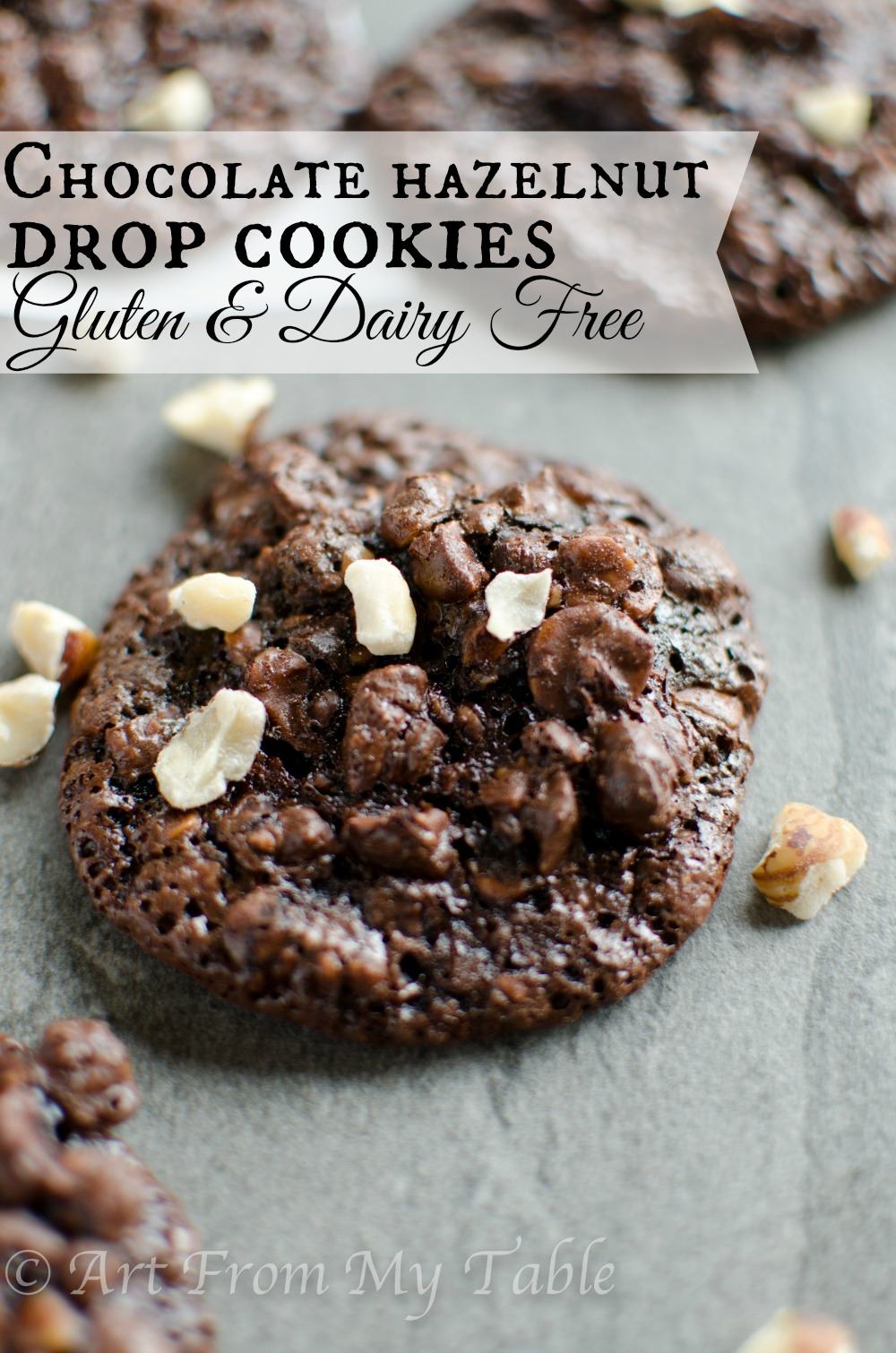 Chocolate hazelnut drop cookie with fresh chopped hazelnuts.