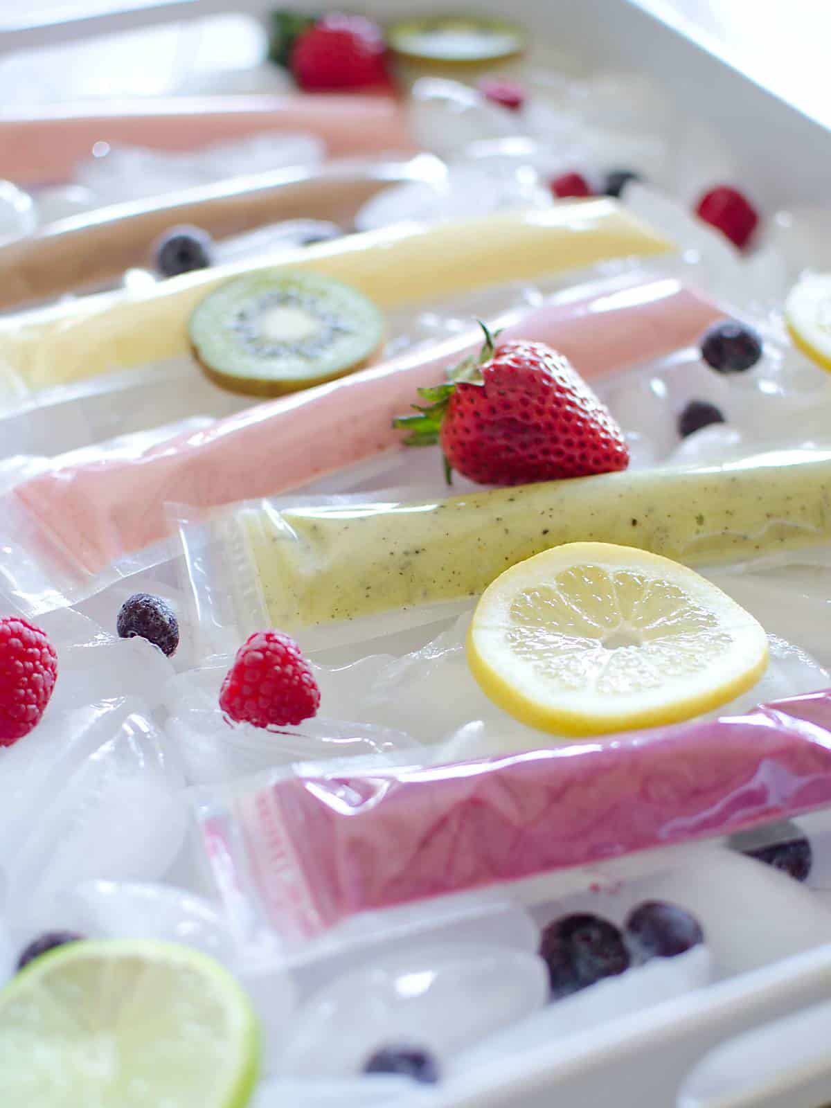 Homemade gogurts on a tray with fresh strawberries, kiwi, lemon slices and blueberries.
