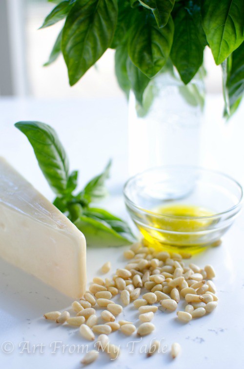 Ingredients to make basil pesto from scratch.
