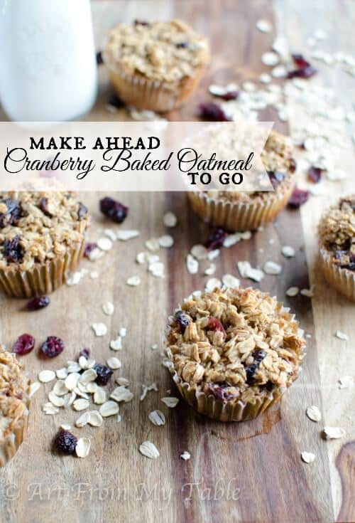 Individual Baked oatmeal cups with cranberries in cupcake liners. 