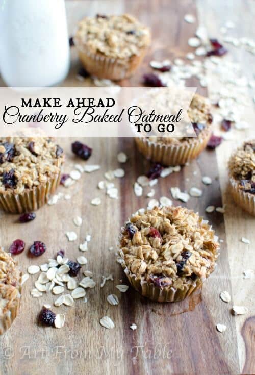 Individual Baked oatmeal cups with cranberries in cupcake liners.