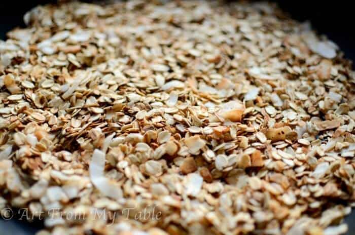 Toasted oats and coconut topping for Banana Split parfait's.