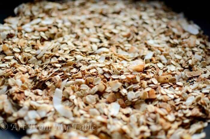Toasted oats and coconut topping for Banana Split parfait's.