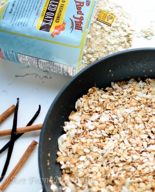 Small skillet with toasted oats.