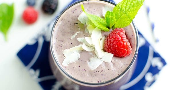 Berry blast smoothie in a glass.