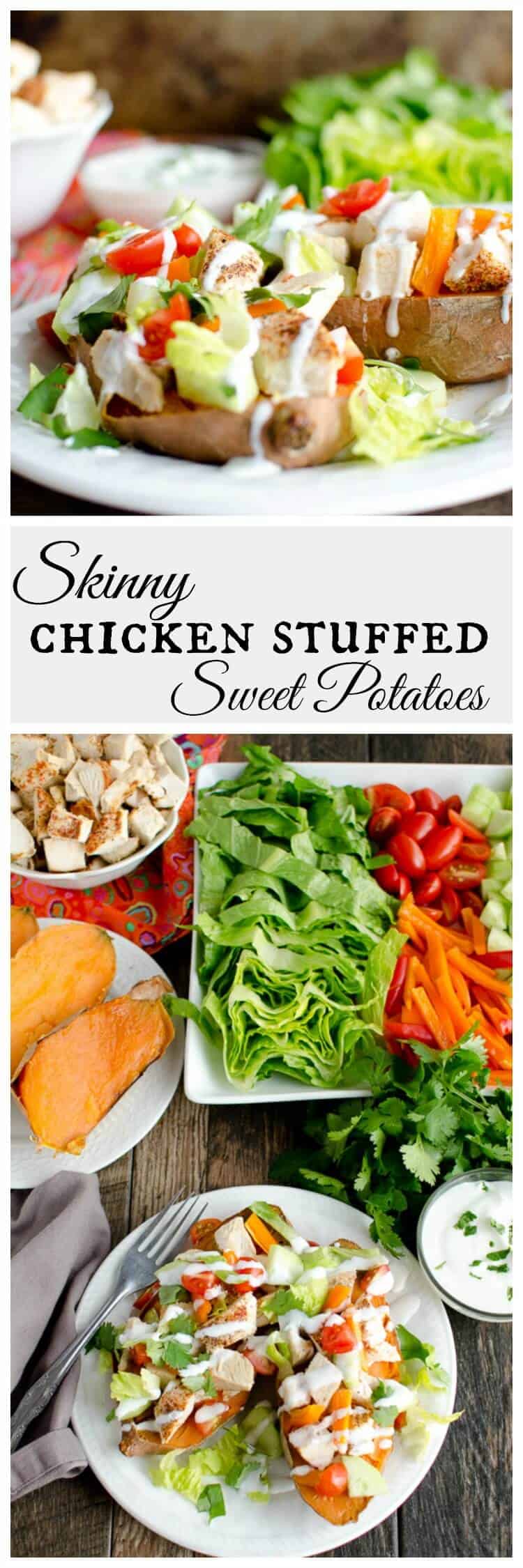 These healthy and light chicken stuffed sweet potatoes will leave you feeling energized and satisfied. Seasoned chicken, healthy veggies and crunchy lettuce, you can't go wrong. #sweetpotato #easydinner via @artfrommytable