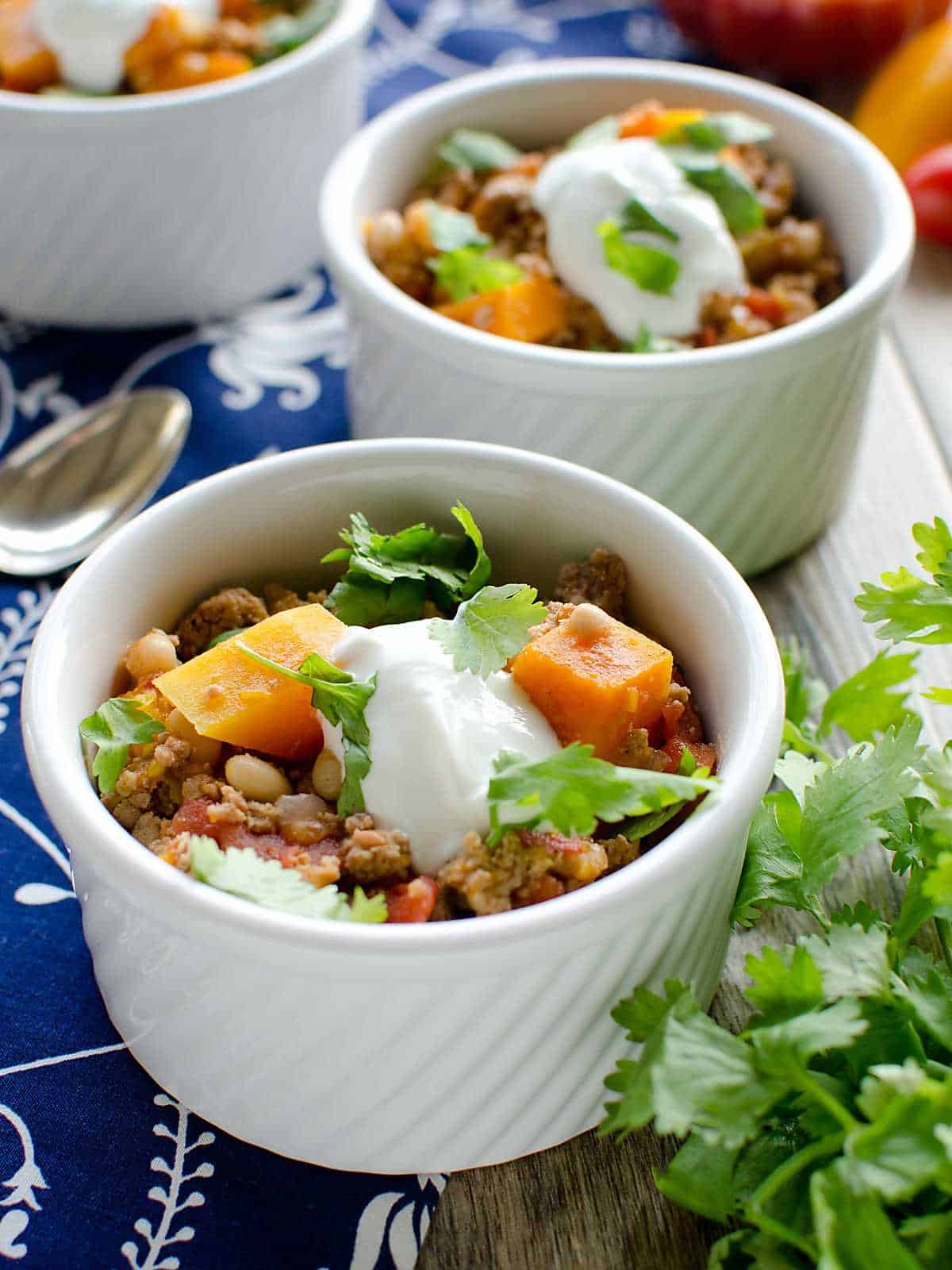 Turkey chili with butternut squash made in the Instant Pot.