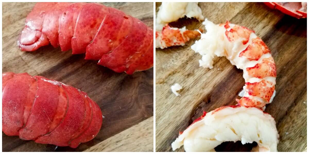 2 picture collage showing cooked lobster in the shell and out of the shell. 