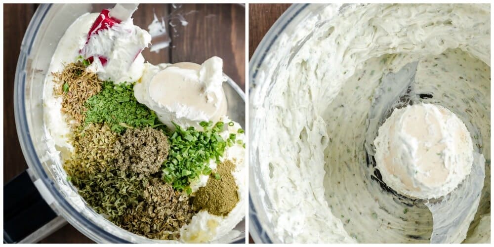 2 picture collage of how to make cheese sauce. 1: combine cheeses and spice ingredients in a food processor; 2: process until well combined. 