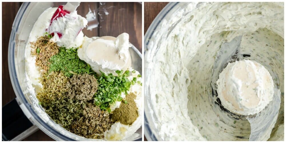 2 picture collage of how to make cheese sauce. 1: combine cheeses and spice ingredients in a food processor; 2: process until well combined.
