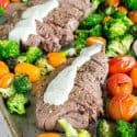 Sheet Pan Steak and Veggies with Boursin Cheese Sauce