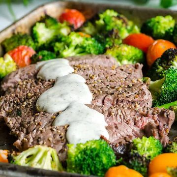 Sheet Pan Steak and Veggies with Boursin Cheese Sauce