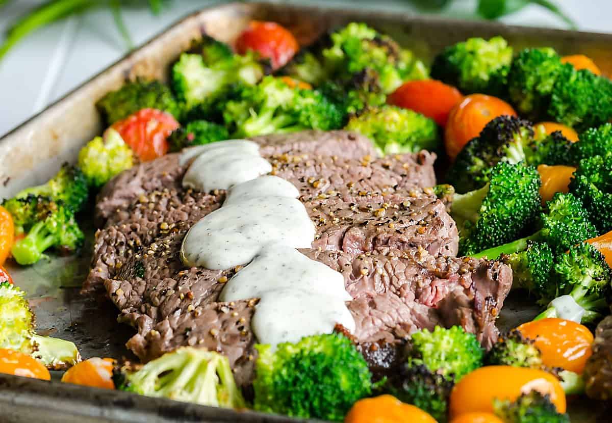 Sheet Pan Steak and Veggies with Boursin Cheese Sauce