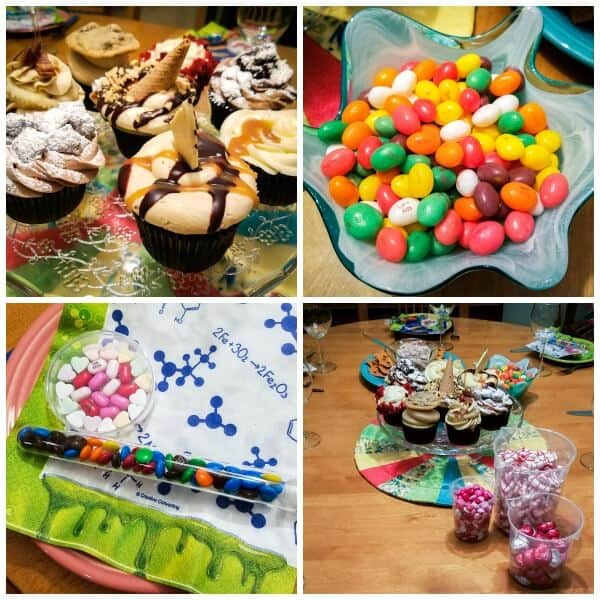 4 picture collage of different cupcakes and candy
