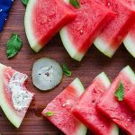 salted watermelon with mint syrup and basil chive cheese