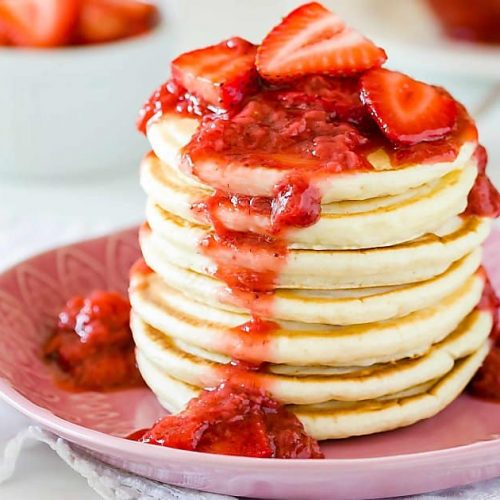 from scratch pancakes with strawberry syrup