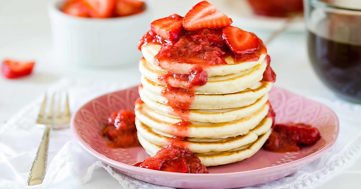 from scratch pancakes with strawberry syrup