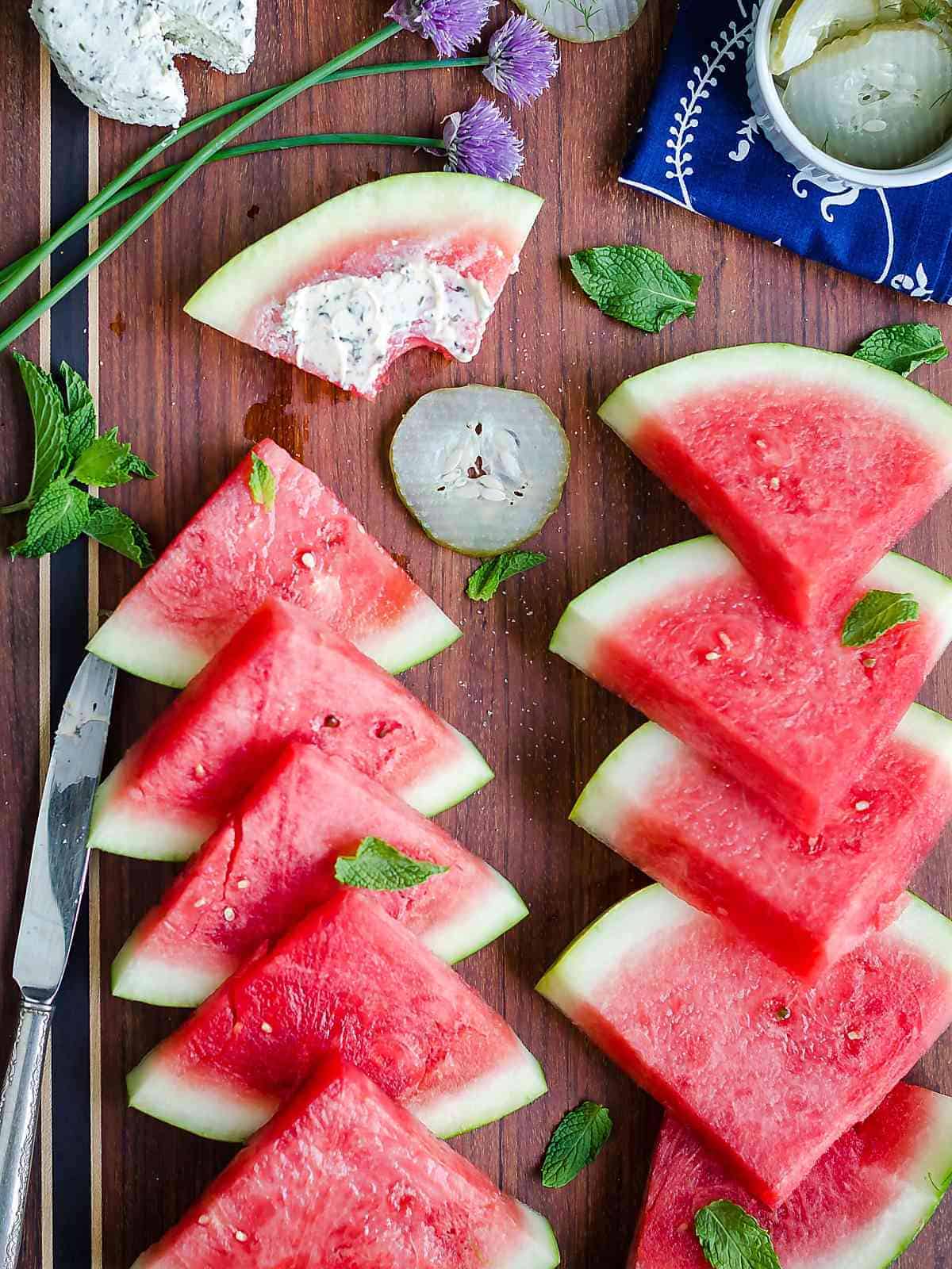 watermelon appetizer with mint syrup and boursin cheese