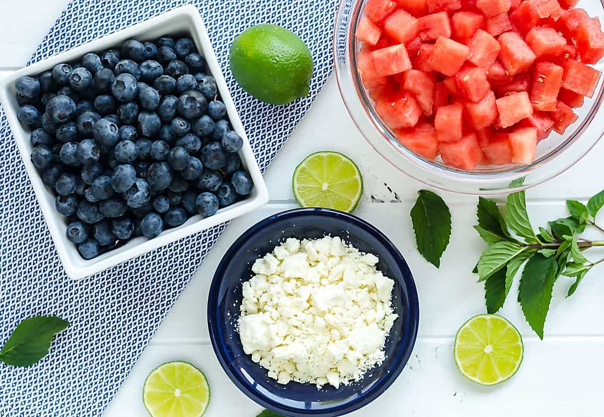 watermelon blueberries feta lime and mint salad