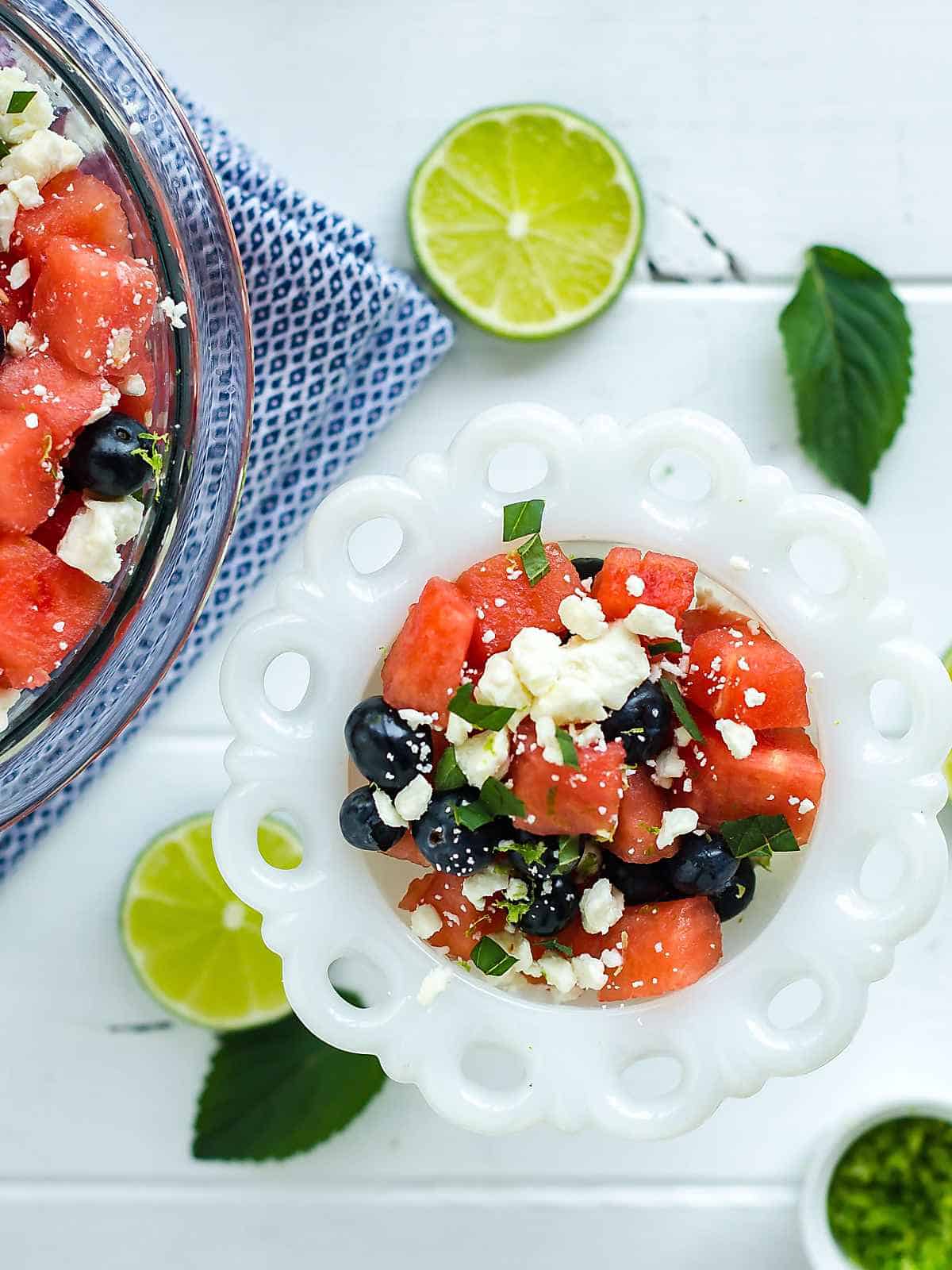 watermelon salad with blueberries, feta and mint