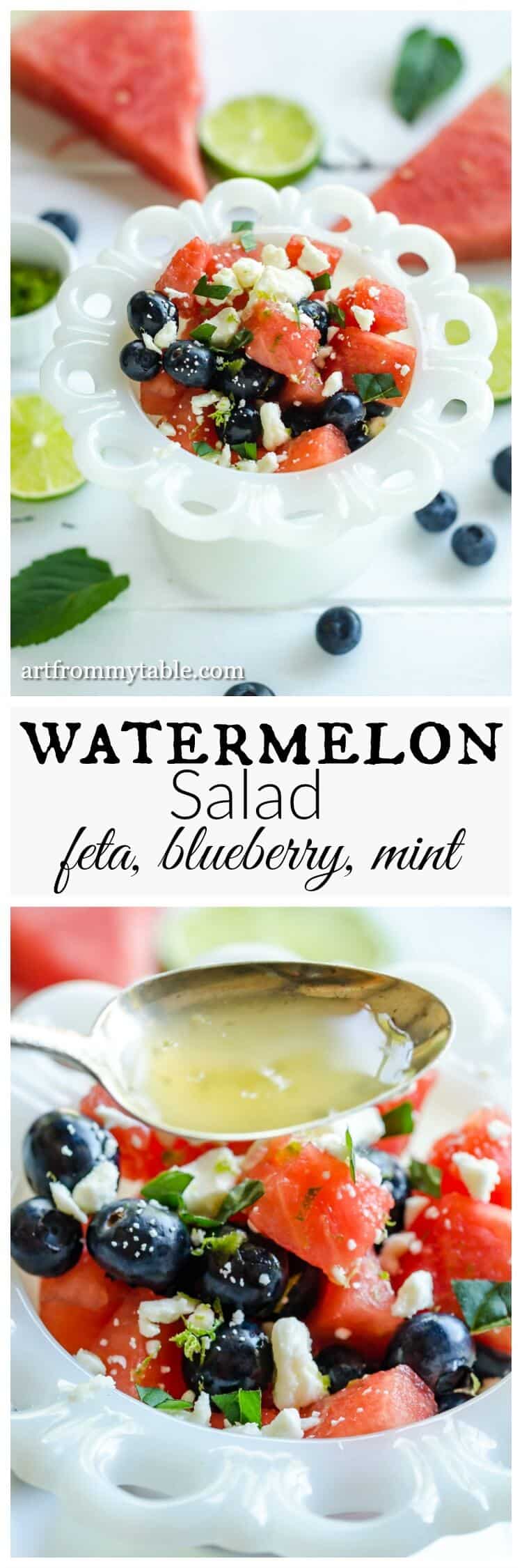 Need something refreshing and healthy for summer? Make this today! Watermelon salad with feta is the perfect alfresco recipe! This will take you 5 minutes to whip up. Bring it to all the bbq's or just enjoy it at home. #watermelonsalad #watermelonwithfeta #4thofJuly #redwhiteandblue #fourthofjulyrecipe #Summerrecipes via @artfrommytable