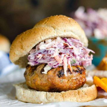 Asian Style Turkey burger topped with slaw
