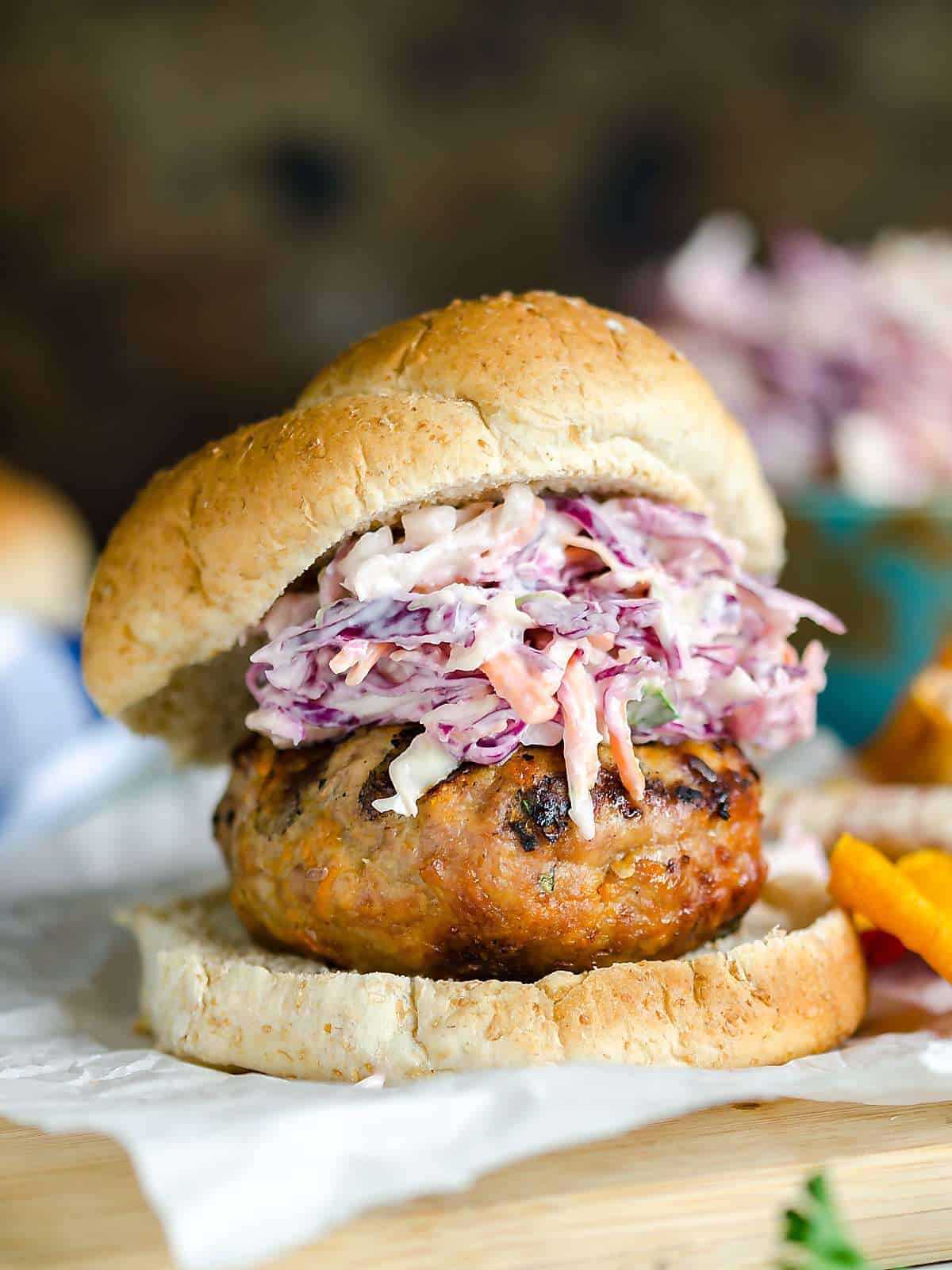 Asian Style Turkey burgers topped with slaw