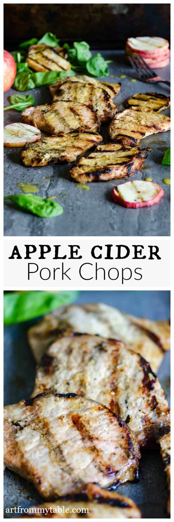 apple cider grilled pork chops with grilled apples and spinach via @artfrommytable