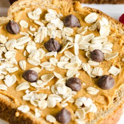 Oatmeal cookie breakfast toast, whole grain toast with peanut butter, rolled oats and chocolate chips